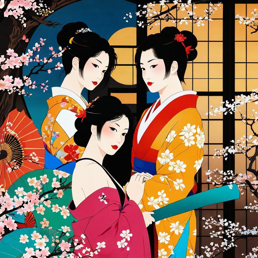 A visually striking collage that represents the evolution of Japanese erotic films, featuring two contrasting scenes: on one side, a vibrant and playful depiction of kink with colorful costumes and exotic props, and on the other, a serene and intimate moment between two characters in soft lighting. Incorporate traditional Japanese elements like cherry blossoms and shoji screens to enhance the cultural aspect. The overall color scheme should transition from bold and lively to soft and warm. super-realistic. vibrant colors. cinematic.