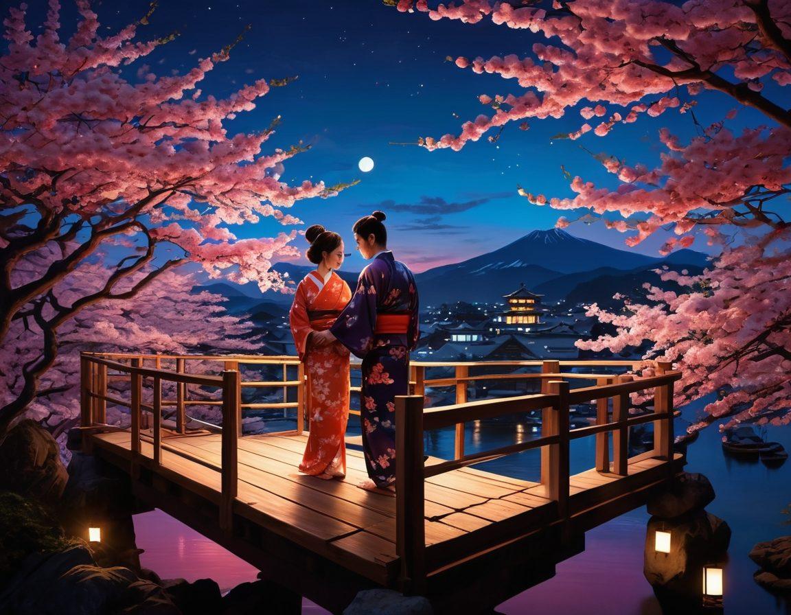 A vibrant portrayal of a traditional Japanese setting infused with modern erotic elements, showcasing cherry blossoms in the foreground and a subtle silhouette of a couple embracing on a wooden bridge. Incorporate elements like delicate kimonos with playful, suggestive patterns and hints of sensuality, surrounded by lanterns that glow softly in the twilight. The background should blend serene nature with a hint of urban nightlife, creating a balanced fusion of romance and sexuality. super-realistic. vibrant colors. dusk ambiance.