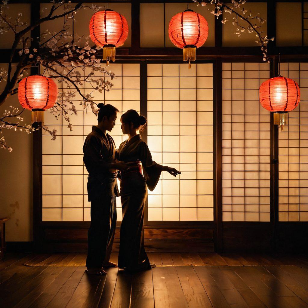 A captivating scene depicting the essence of Japanese adult cinema, featuring a beautifully designed traditional Japanese room adorned with shoji screens and soft paper lanterns. Include a subtle silhouette of a couple engaging in an intimate dance, surrounded by cherry blossoms that hint at sensuality and romance. The warm glow of the lanterns enhances the enchanting mood, contrasted with shadows that create a sense of mystery. The overall ambiance should evoke curiosity and allure, reflecting the themes of seduction and artistry. super-realistic. vibrant colors. soft focus.